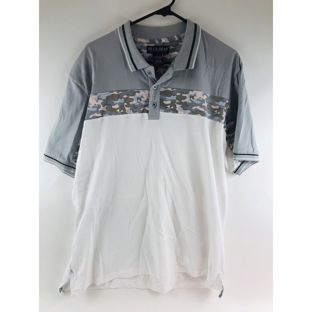 Blue Gear Polo Shirt Men's Size XXL Gray White Camouflage Straipe Camo Cotton